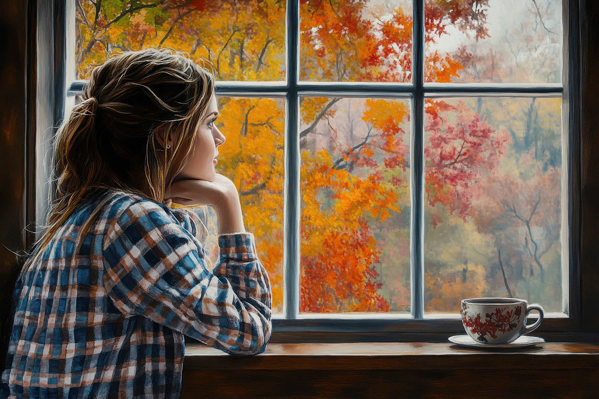 woman looking out window at autumn weather
