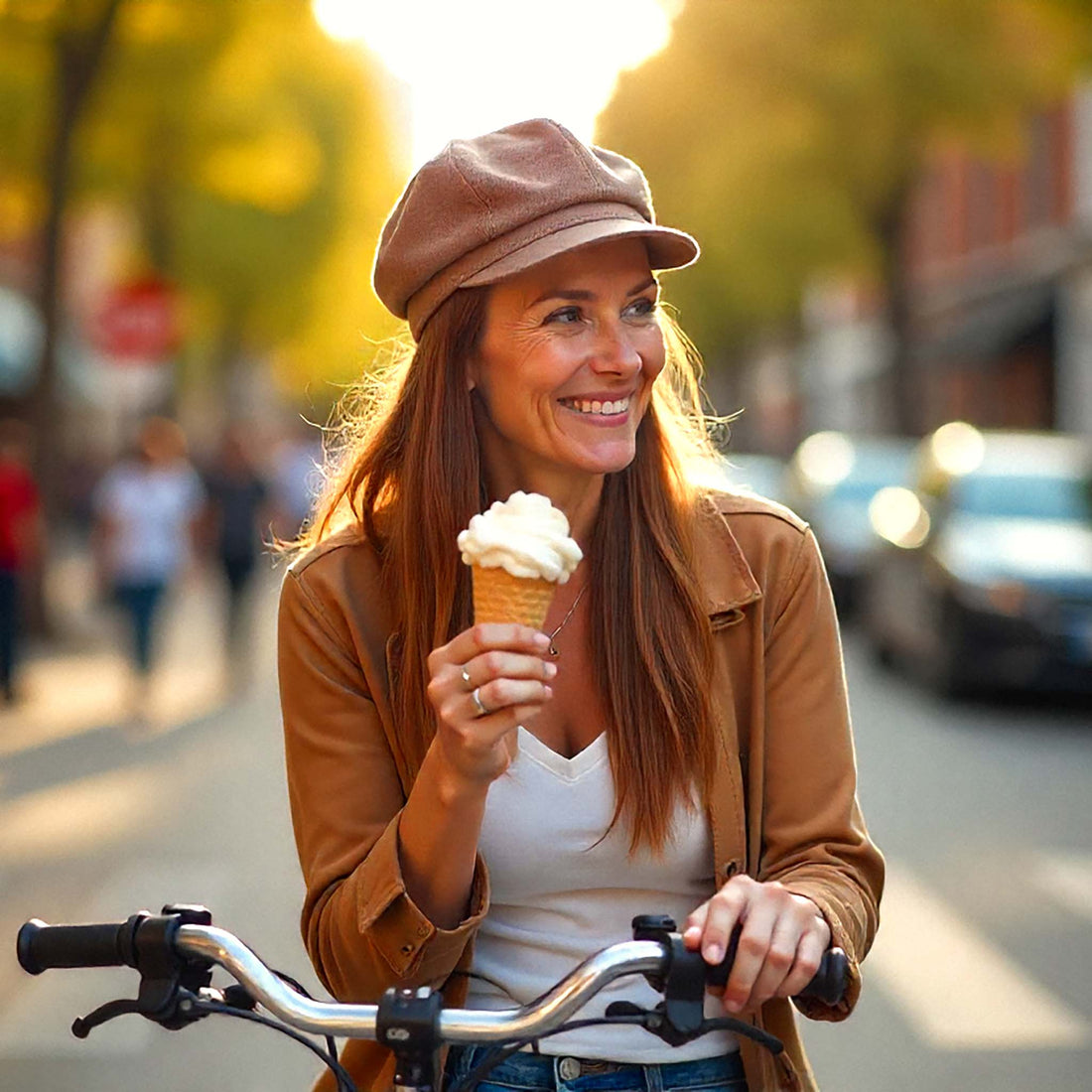 woman with ice cream and bike