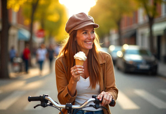 Lily at bike, eating ice cream
